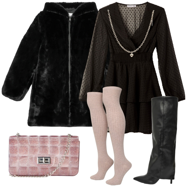 Outfit donna - Terranova style. Stile Casual chic per Serata fuori. Abbinamento con collane, borse a tracolla, vestiti corti, stivali, cappotti, calzini.