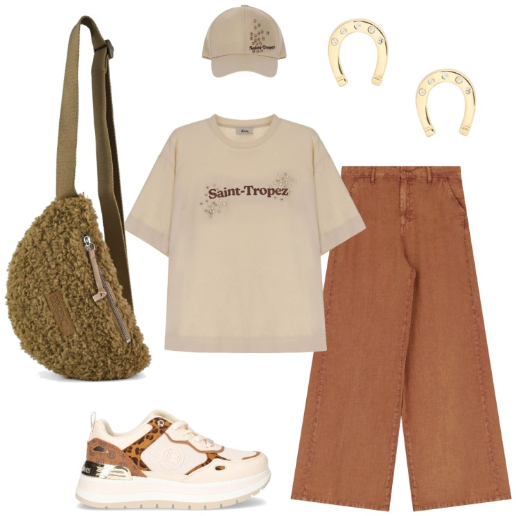 Outfit donna - Colori autunnali. Stile Casual chic per Tutti i giorni. Abbinamento con pantaloni, t-shirt, orecchini, marsupi, sneakers.