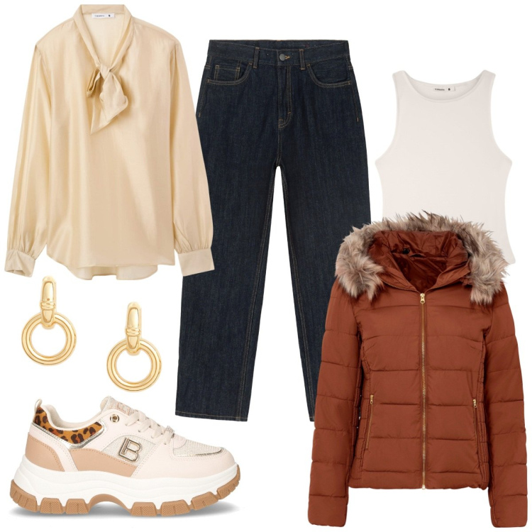 Outfit donna - Domenica. Stile Casual per Tutti i giorni. Abbinamento con giacche, bluse, body, orecchini, jeans dritti, sneakers.