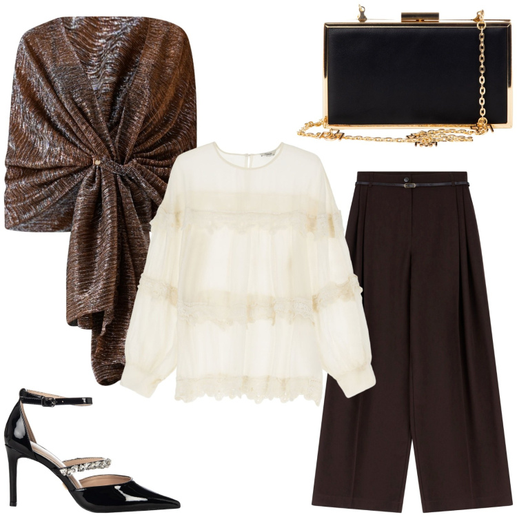 Outfit donna - Total look #2248372. Stile Chic per Serata fuori. Abbinamento con pochette, stole, décolleté, pantaloni, camicie.