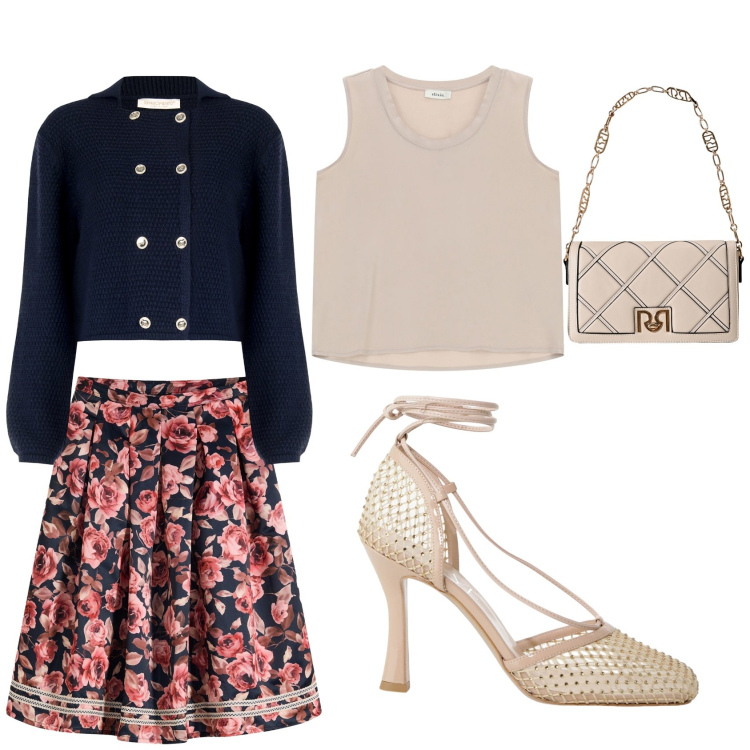 Outfit donna - Pomeriggio romantico. Stile Romantica per Tutti i giorni. Abbinamento con gonne, borse a tracolla, blazer, décolleté, canottiere.
