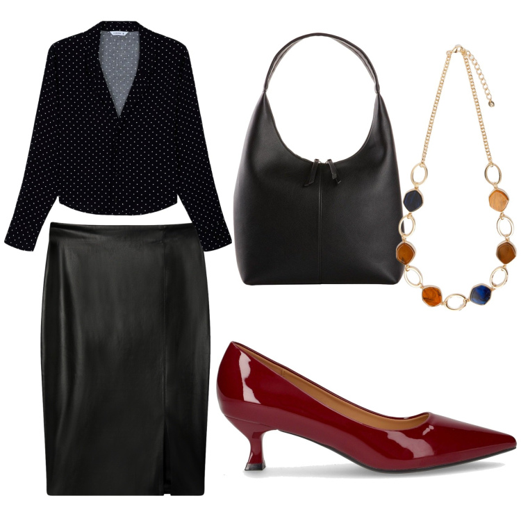 Outfit donna - La gonna di pelle in ufficio. Stile Casual chic per Ufficio. Abbinamento con shopping bag, camicie, gonne longuette, collane, décolleté.