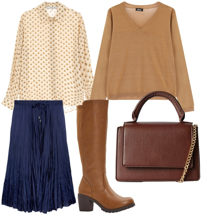Outfit donna - Gli stivali caramello. Stile Boho per Ufficio. Abbinamento con stivali, borse a tracolla, camicie, pullovers, gonne lunghe.