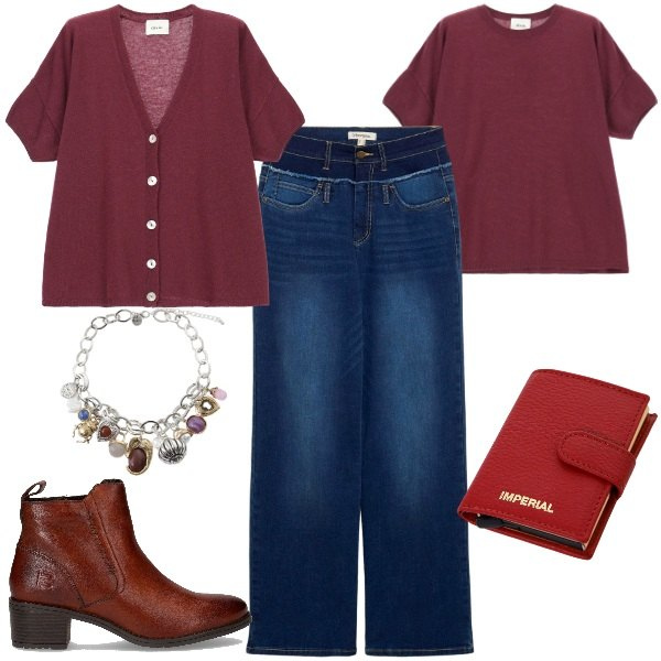 Outfit donna - Gemelli con i jeans. Stile Trendy per Tutti i giorni. Abbinamento con jeans dritti, portafogli, cardigans, braccialetti con ciondoli, maglieria, stivaletti.
