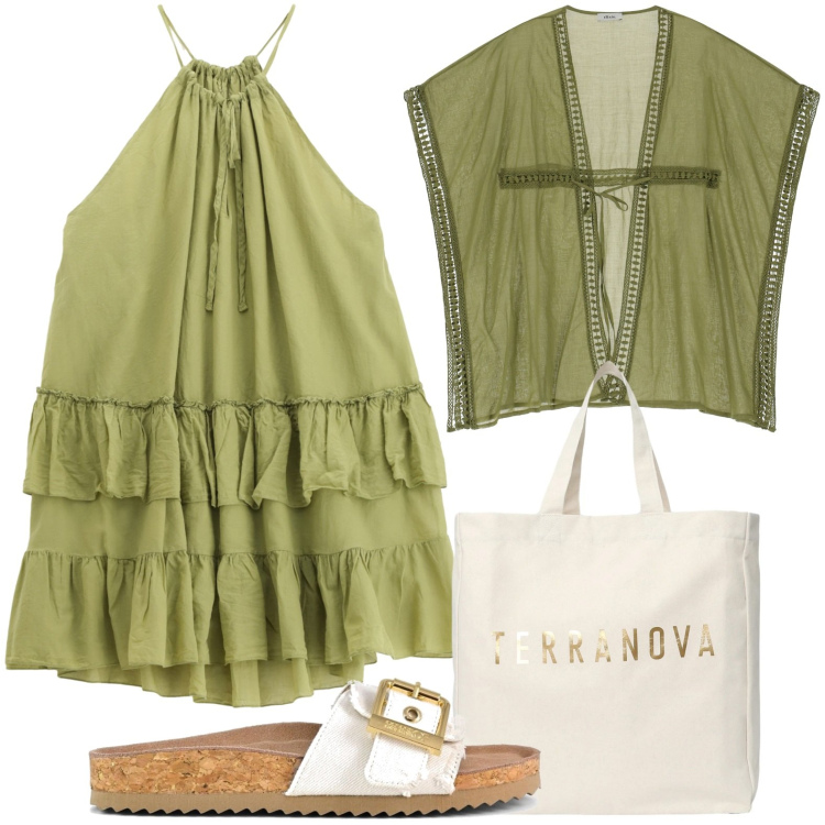 Outfit donna - L\'abito leggero. Stile Military per Tutti i giorni. Abbinamento con borse tote, gilet, vestiti corti, sandali.