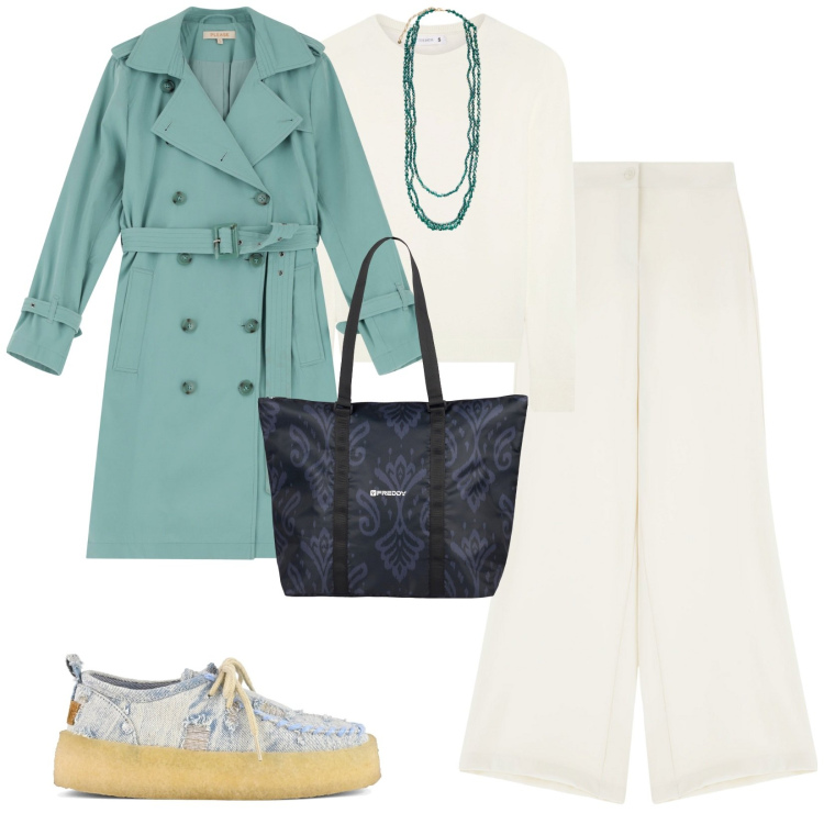 Outfit donna - Di giorno. per Tutti i giorni. Abbinamento con maglieria, trench, pantaloni, shopping bag, mocassini, collane.