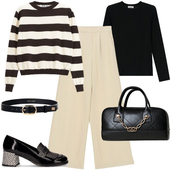 Outfit donna - Classica in autunno. Stile Bon Ton per Ufficio. Abbinamento con cinture, borse a mano, pullovers, pantaloni a palazzo, t-shirt, mocassini.