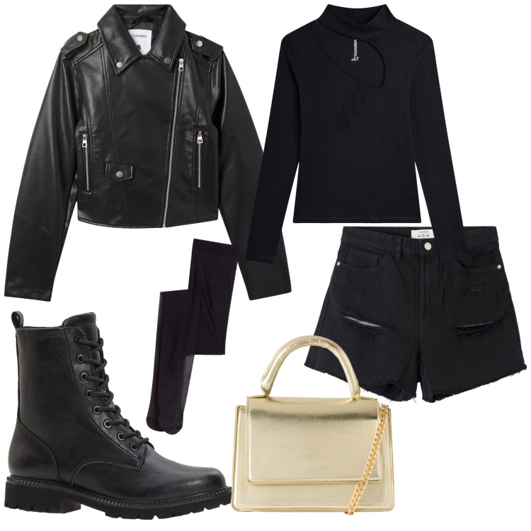 Outfit donna - La giacca di pelle. per Serata fuori. Abbinamento con collant, stivaletti, shorts, giacche, borse a tracolla, maglieria.