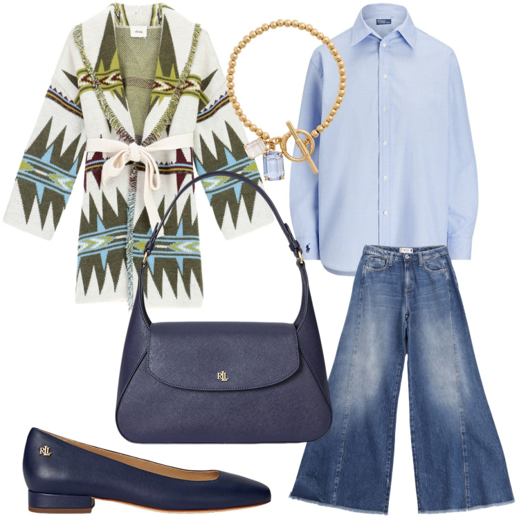 Outfit donna - Brunch domenicale di settembre. Stile Basic per Ufficio. Abbinamento con jeans a zampa, cardigans, camicie, ballerine, braccialetti, borse a spalla.