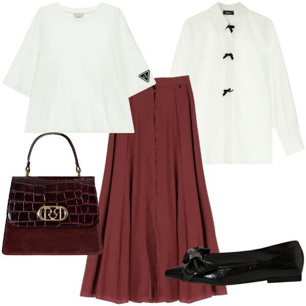 Outfit donna - La gonna burgundy. Stile Bon Ton per Ufficio. Abbinamento con ballerine, borse a mano, t-shirt, gonne lunghe, camicie.