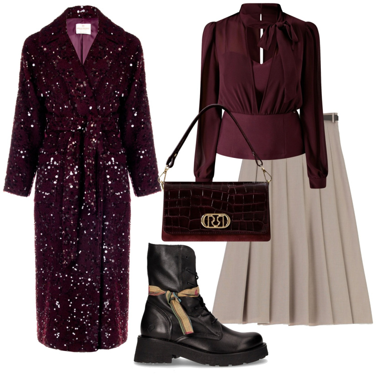 Outfit donna - Cappotto importante. per Serata fuori. Abbinamento con cappotti, bluse, borse a mano, gonne longuette, anfibi.