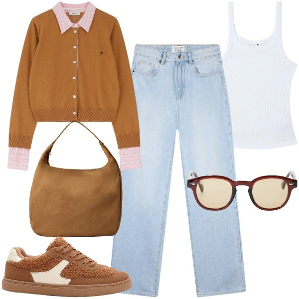 Outfit donna - Brown with jeans. Stile Trendy per Tutti i giorni. Abbinamento con sneakers, canottiere, borse a mano, jeans dritti, occhiali da sole, cardigans.