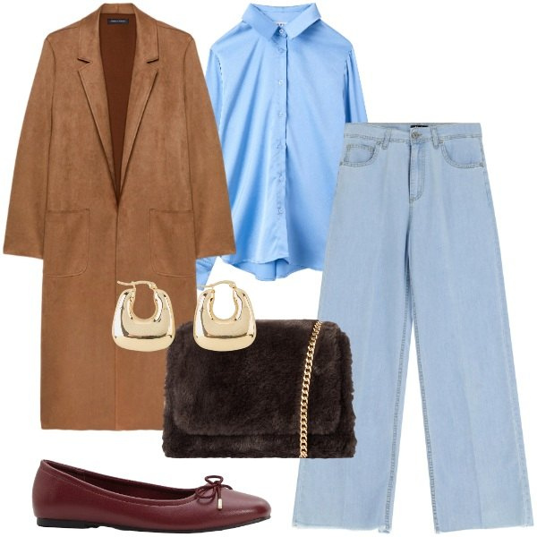 Outfit donna - Brown and jeans. Stile Casual chic per Tutti i giorni. Abbinamento con orecchini, ballerine, camicie, borse a tracolla, jeans, trench.