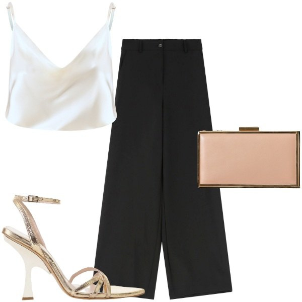 Outfit donna - La sera. Stile Glamour per Serata fuori. Abbinamento con pochette, canottiere, pantaloni a palazzo, sandali col tacco.
