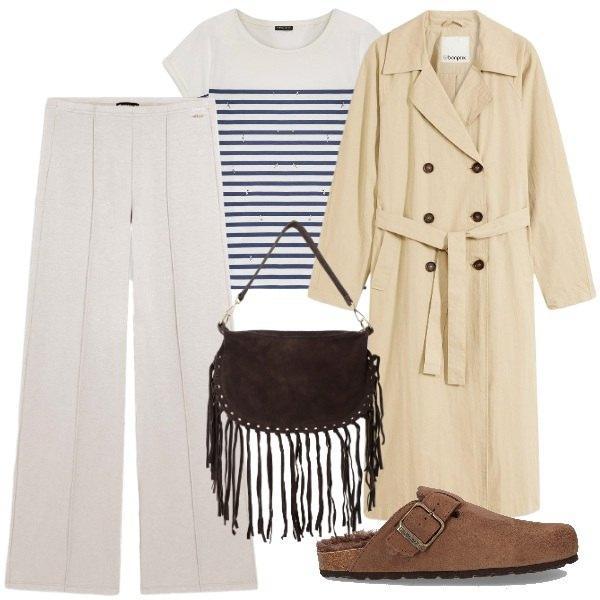 Outfit donna - Fine estate. Stile Chic per Tutti i giorni. Abbinamento con trench, pantaloni, borse a tracolla, t-shirt, sabot.