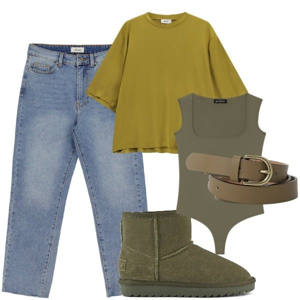 Outfit donna - Jeans and green. Stile Urban per Tutti i giorni. Abbinamento con body, jeans slim fit, top, cinture, stivali.