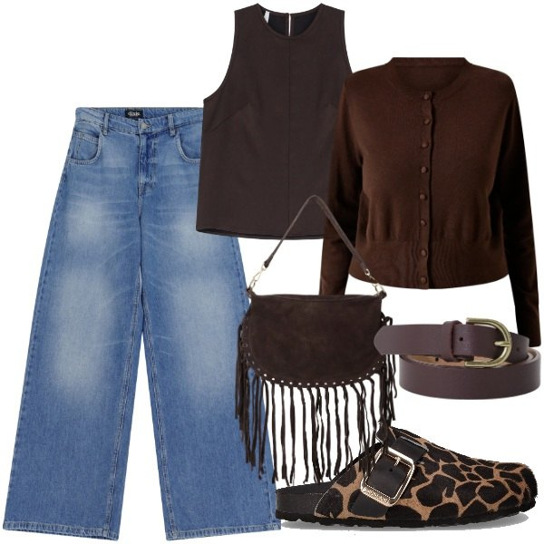 Outfit donna - Jeans and brown. Stile Urban per Tutti i giorni. Abbinamento con cardigans, top, jeans, borse a tracolla, cinture, sabot.