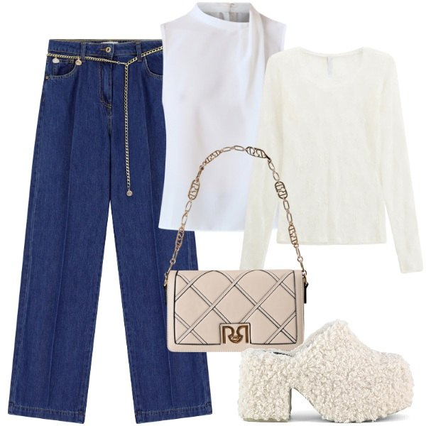 Outfit donna - Jeans and white. Stile Urban per Tutti i giorni. Abbinamento con top, borse a tracolla, jeans, maglieria, sabot.