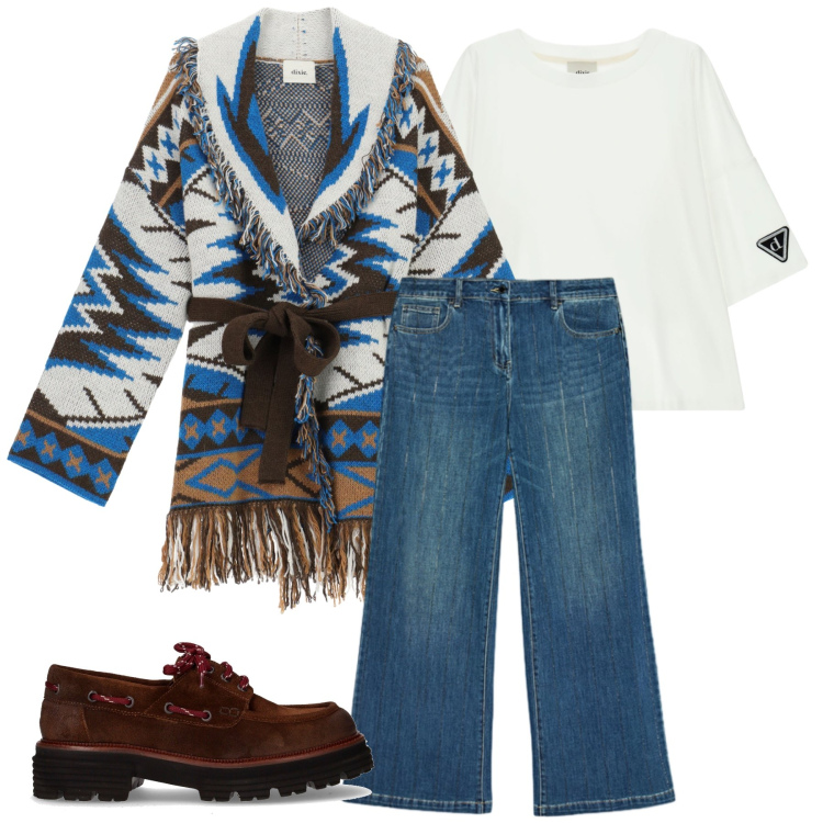 Outfit donna - Total look #2248436. Stile Casual chic per Tutti i giorni. Abbinamento con cardigans, t-shirt, jeans dritti, mocassini.