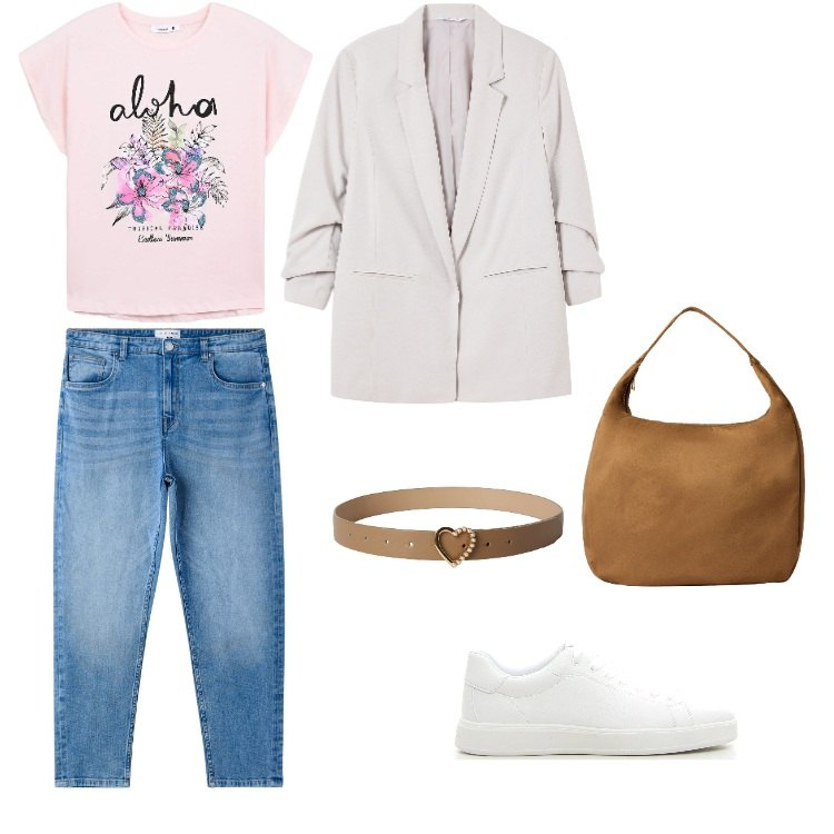 Outfit donna - rietri autunnali. Stile Casual per Tutti i giorni. Abbinamento con blazer, t-shirt, cinture, borse a mano, jeans mom, sneakers.