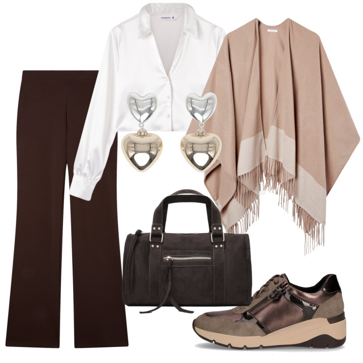 Outfit donna - Total look #2248440. Stile Bon Ton per Serata fuori. Abbinamento con orecchini, camicie, borse a mano, pantaloni, cappe, sneakers alte.