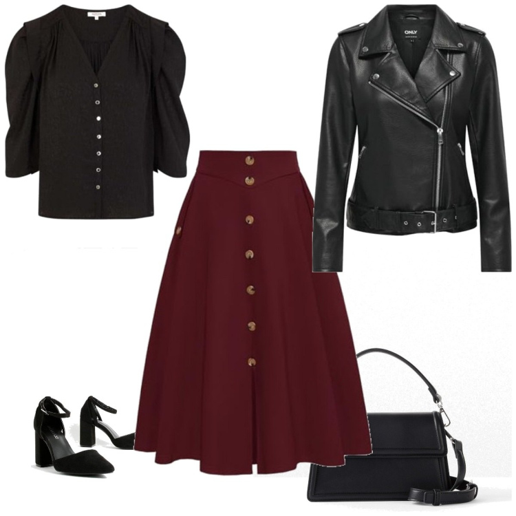 Outfit femme - Rock a billy. Style Rock pour Tous les jours. Assortir avec sacs à main, jupes longues, chemisiers, chaussures à talon, vestes.