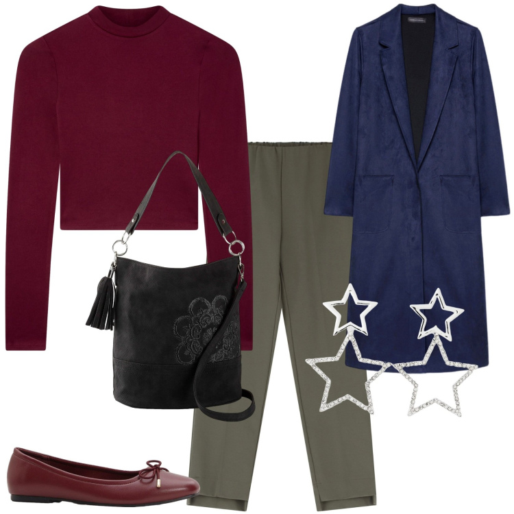 Outfit donna - Casual chic. Stile Casual chic per Tutti i giorni. look ideale per Tall. Abbinamento con borse a mano, ballerine, orecchini, t-shirt, pantaloni, trench.