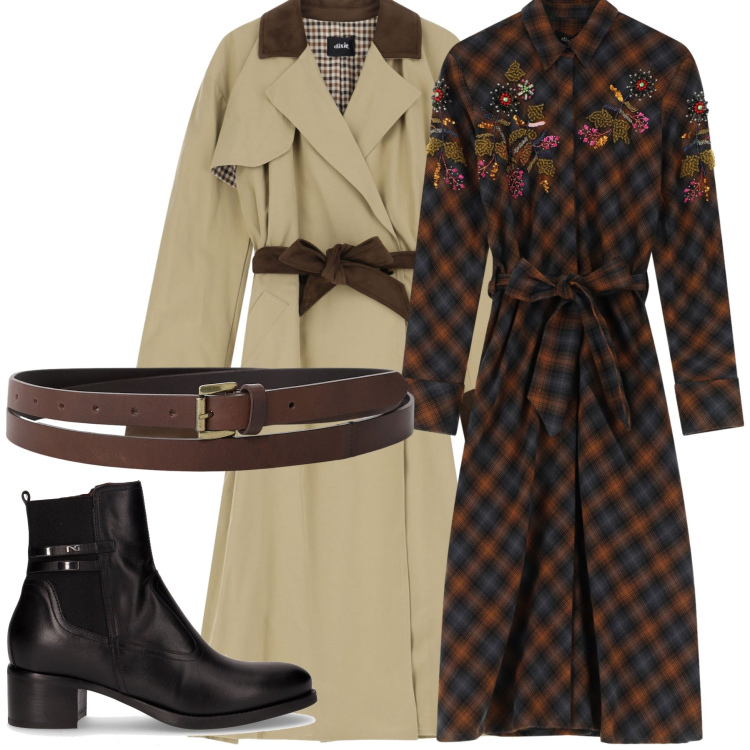 Outfit donna - Total look #2248468. Stile Glamour per Tutti i giorni. Abbinamento con vestiti, cinture, trench, stivaletti.