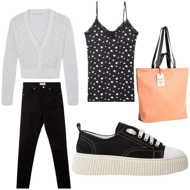 Outfit donna - Il cardigan corto. Stile Basic per Tutti i giorni. Abbinamento con pantaloni skinny, cardigans, top, borse tote, sneakers.