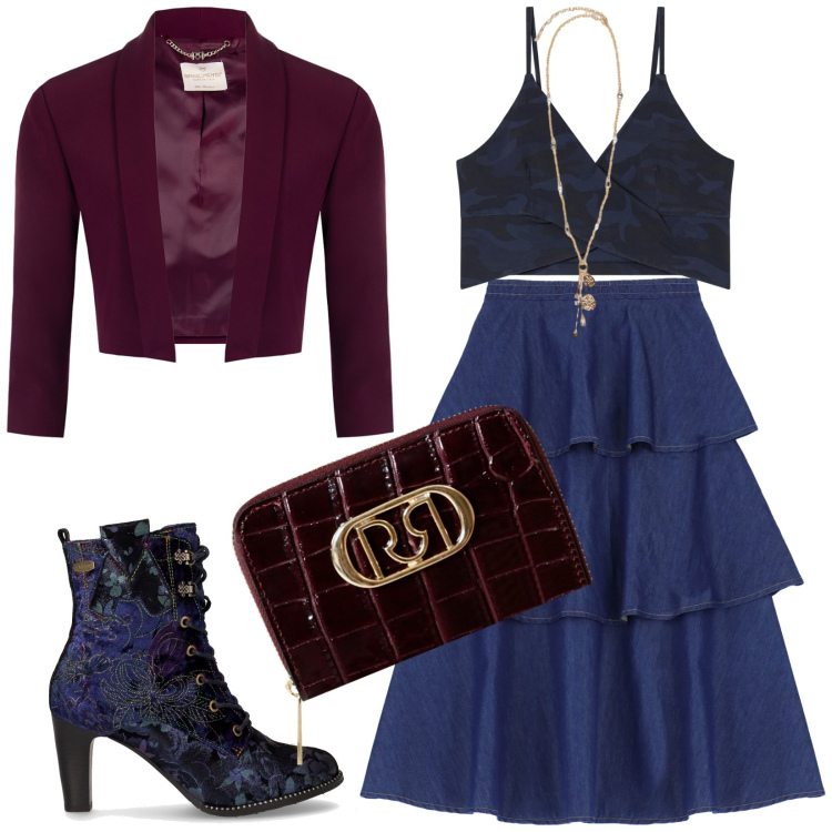 Outfit donna - Total look #2248476. Stile Chic per Serata fuori. Abbinamento con blazer, portafogli, gonne lunghe, top, ciondoli, stivaletti.