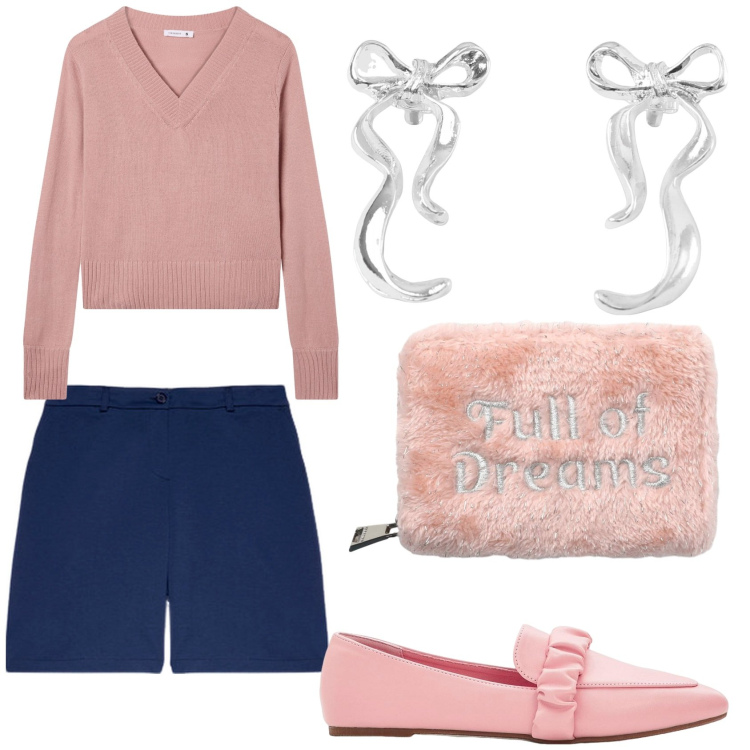 Outfit donna - Gli shorts e il cardigan. Stile Casual per Tutti i giorni. Abbinamento con mocassini, orecchini, portafogli, maglieria, pantaloni corti.