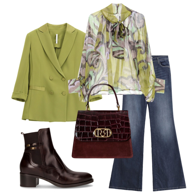 Outfit donna - A pranzo con le colleghe. Stile Casual chic per Ufficio. Abbinamento con borse a mano, jeans a zampa, blazer, camicie, stivaletti.