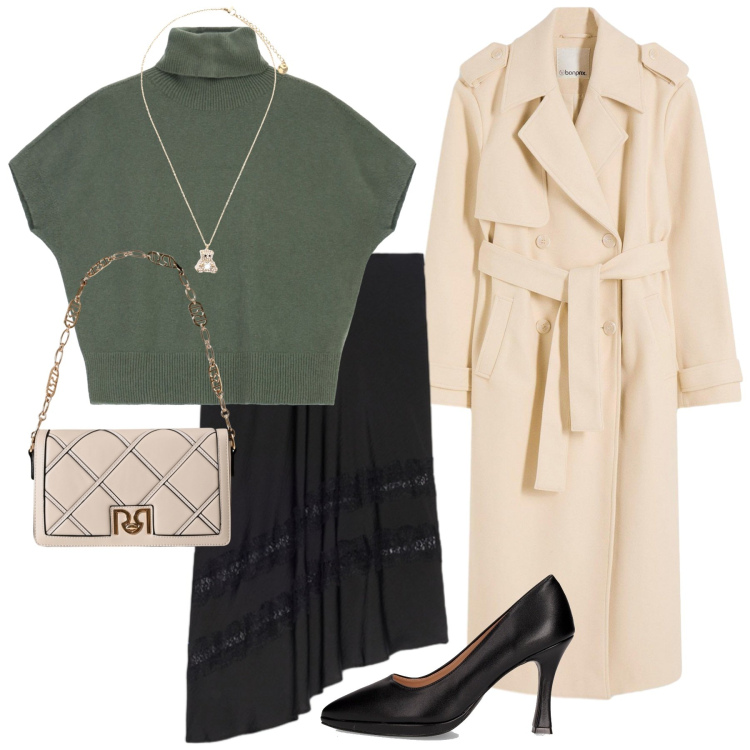 Outfit donna - Total look #2248479. Stile Bon Ton per Ufficio. Abbinamento con trench, borse a tracolla, maglieria, ciondoli, gonne lunghe, décolleté.