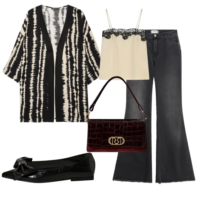 Outfit donna - A pranzo con le colleghe. Stile Casual chic per Tutti i giorni. Abbinamento con ballerine, borse a mano, jeans a zampa, canottiere, kimono.