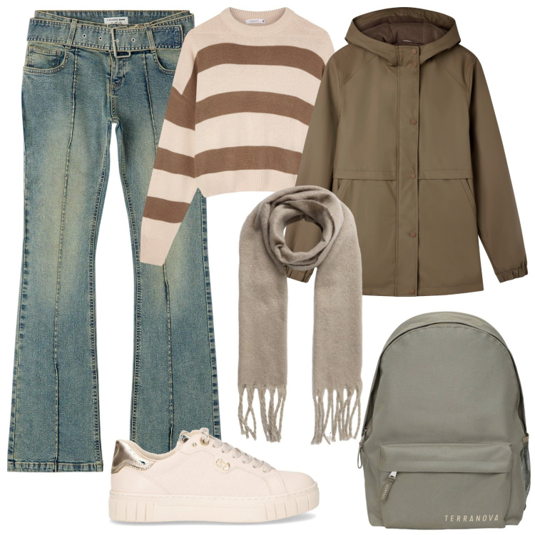 Outfit donna - Ritorno in classe. Stile Casual per Scuola/Università. Abbinamento con blazer, zaini, jeans a zampa, sciarpe, maglieria, sneakers.