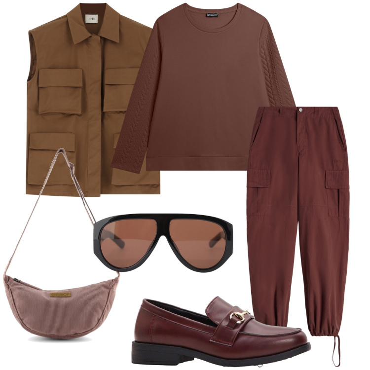 Outfit donna - Brown is an autumn colour. Stile Mannish per Tutti i giorni. Abbinamento con mocassini, occhiali da sole, pantaloni cargo, felpe, gilet, borse a tracolla.
