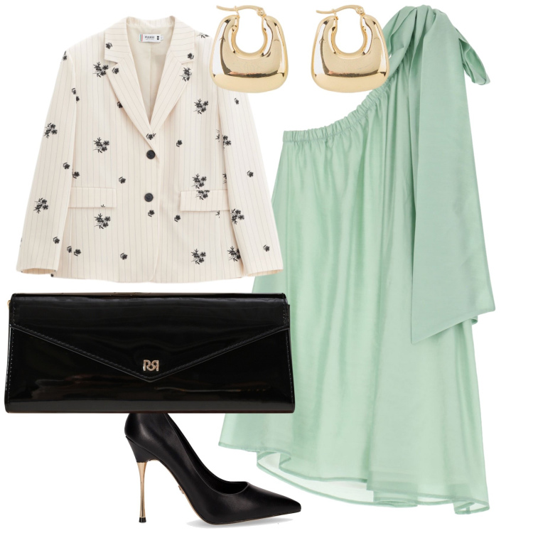 Outfit donna - Vestito leggiadro. Stile Chic per Cerimonia. Abbinamento con orecchini, pochette, blazer, vestiti asimmetrici, décolleté.