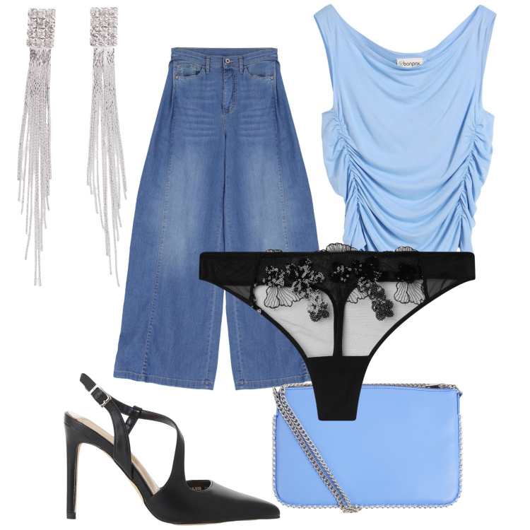 Outfit donna - Light blue. Stile Glamour per Serata fuori. Abbinamento con orecchini, top, borse a tracolla, perizomi, jeans, décolleté.