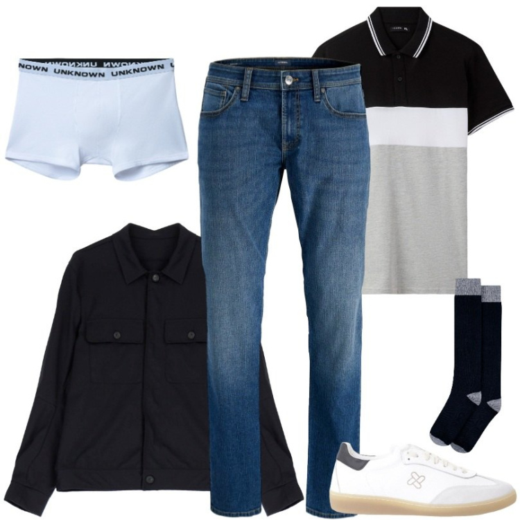 Outfit uomo - La giacca moderna e giovanile. Stile Casual per Tutti i giorni. Abbinamento con jeans, polo, boxer, sneakers, giacche, calzini.