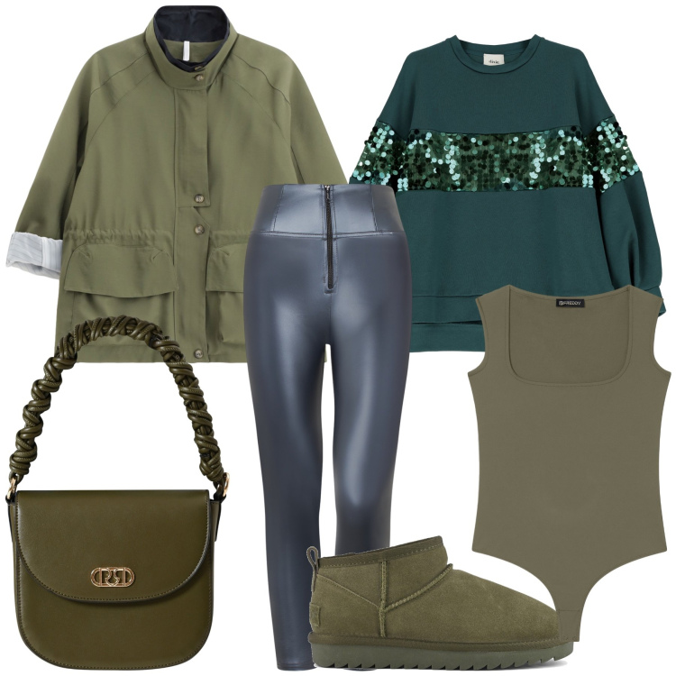 Outfit donna - Verde acqua. Stile Trendy per Tutti i giorni. Abbinamento con borse a mano, parka, body, pantaloni skinny, felpe, stivali.