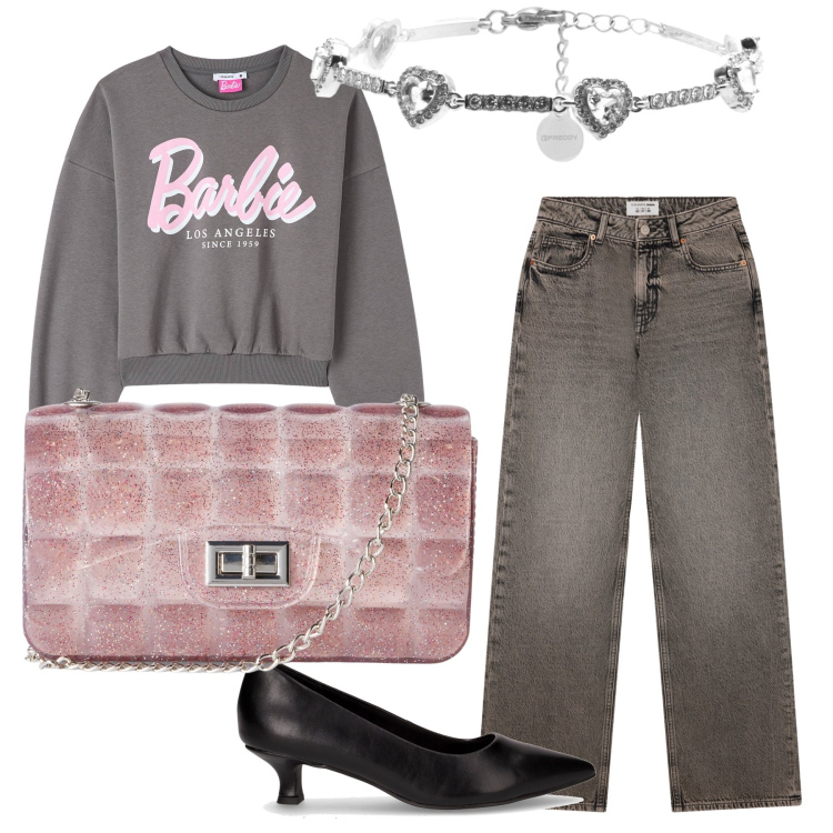 Outfit donna - La mia amica Barbie. Stile Trendy per Tutti i giorni. Abbinamento con felpe, borse a tracolla, jeans, braccialetti, décolleté.