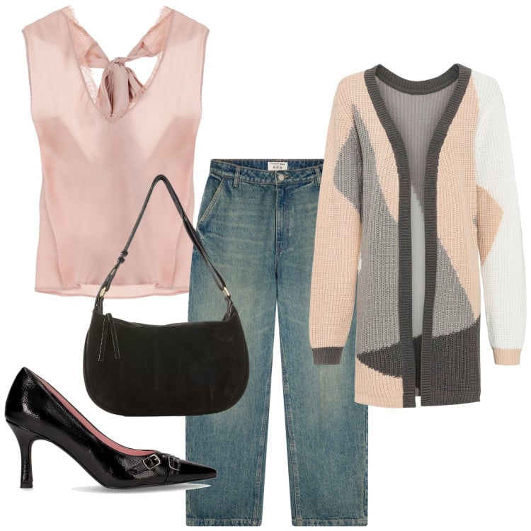 Outfit donna - Total look #2248505. Stile Minimal per Ufficio. Abbinamento con cardigans, borse a mano, jeans, top, décolleté.