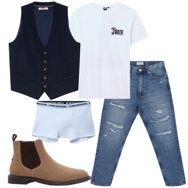 Outfit uomo - Total look #2248506. Stile Trendy per Serata speciale. Abbinamento con stivali e stivaletti, jeans strappati, t-shirt, boxer, gilet.