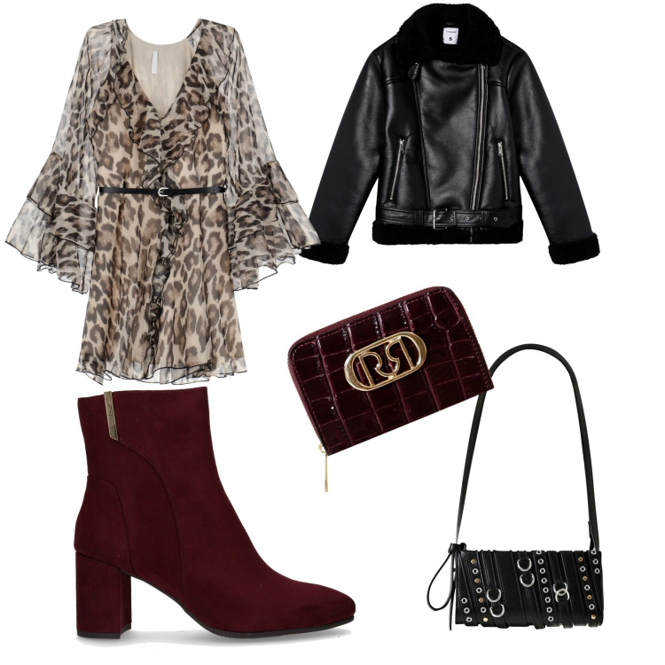 Outfit donna - Rock e romantica. Stile Trendy per Serata fuori. Abbinamento con giacche, borse a spalla, portafogli, vestiti corti, stivaletti.