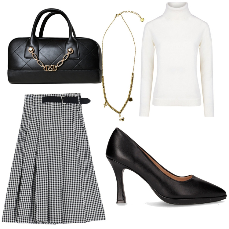 Outfit donna - Bon ton in ufficio. Stile Bon Ton per Ufficio. Abbinamento con borse a mano, ciondoli, gonne, maglieria, décolleté.