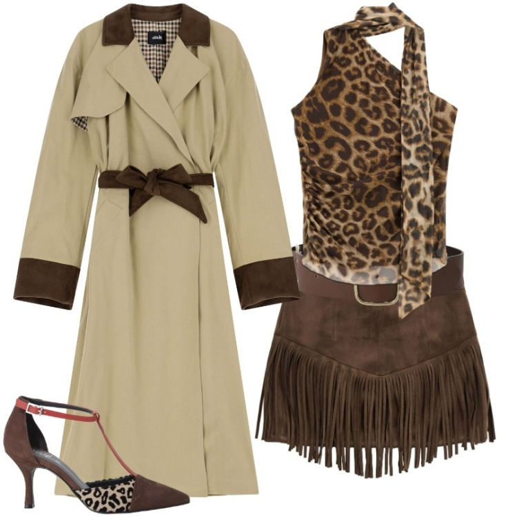 Outfit donna - Uno stile unico e dinamico. Stile Trendy per Serata fuori. Abbinamento con top, cinture, décolleté, minigonne, trench.