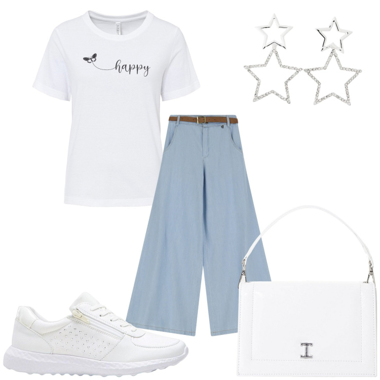 Outfit donna - Sportiva con le stelle. Stile Sporty chic per Tutti i giorni. Abbinamento con t-shirt, sneakers, orecchini, borse a tracolla, pantaloni a palazzo.