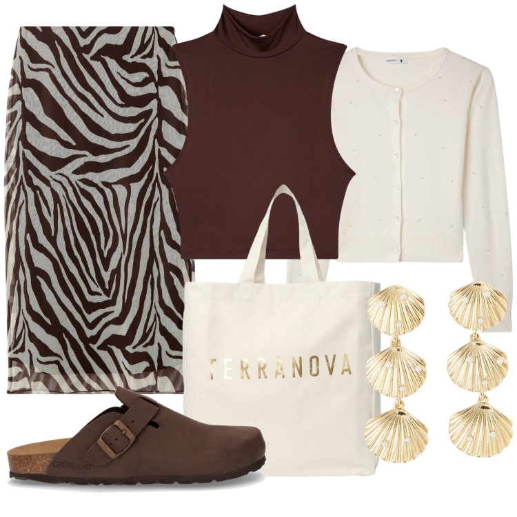 Outfit donna - Un po\' estate un po\' autunno. Stile Etnico per Tutti i giorni. Abbinamento con orecchini, gonne lunghe, top, borse tote, cardigans, sabot.