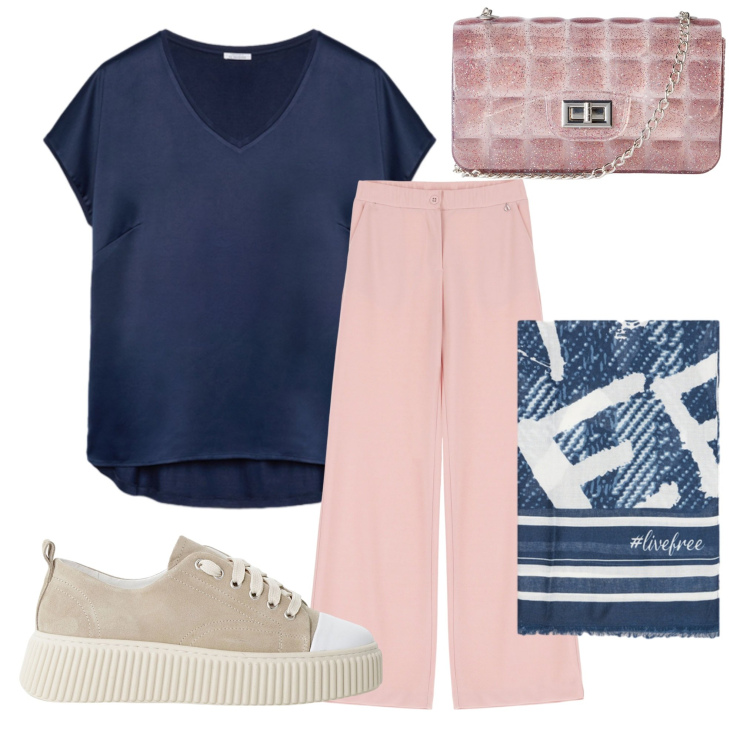 Outfit donna - Un pomeriggio in compagnia. Stile Casual per Tutti i giorni. Abbinamento con borse a tracolla, sneakers, pantaloni, t-shirt, foulard.