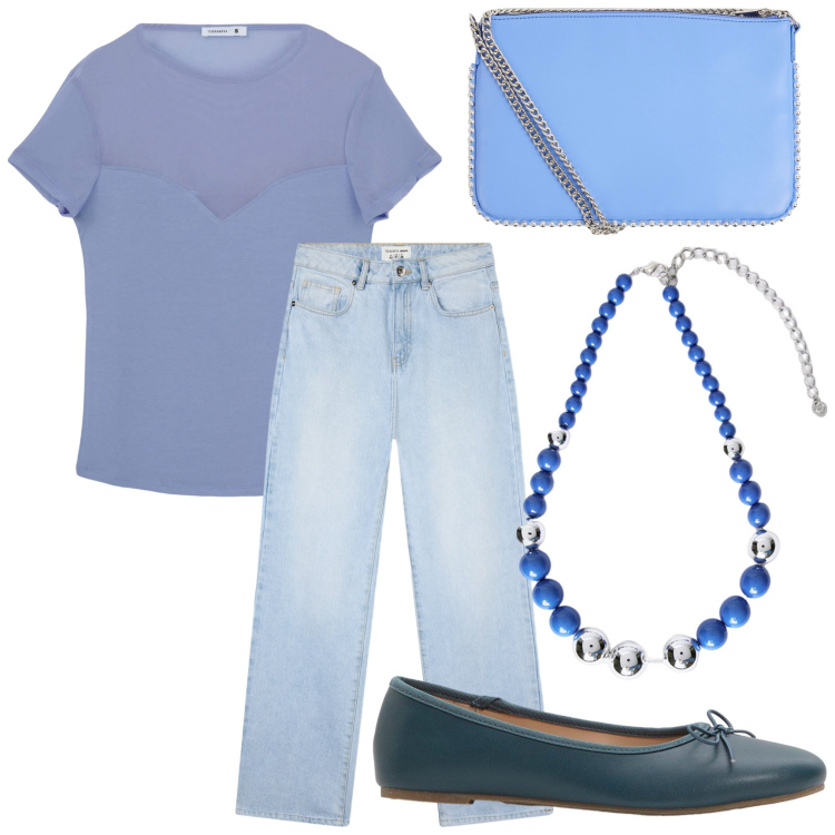 Outfit donna - Nei toni del blu. Stile Casual per Tutti i giorni. Abbinamento con ballerine, borse a tracolla, t-shirt, jeans dritti, collane.
